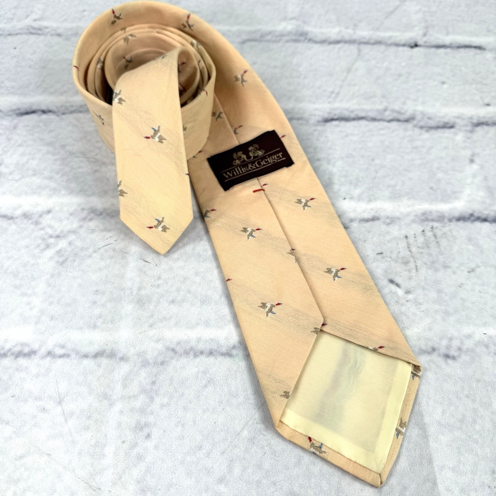 Vintage Willis Geiger Silk Blend Tie Redhead Duck Aop 56" Peach Usa Rare Striped